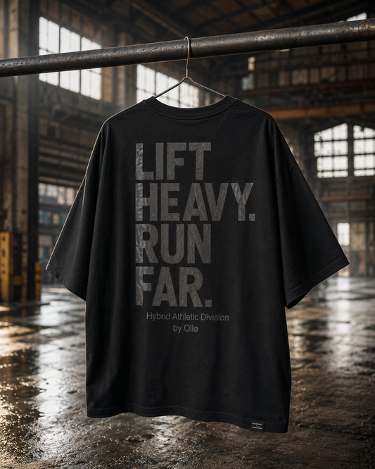 T-shirt Oversize Lift Heavy Run Far – Coton 160g Noir sur Noir, CrossFit & Hyrox Ollo sport