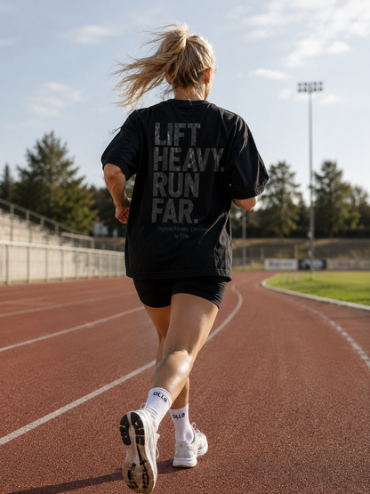 T-shirt Oversize Lift Heavy Run Far – Coton 160g Noir sur Noir, CrossFit & Hyrox Ollo sport