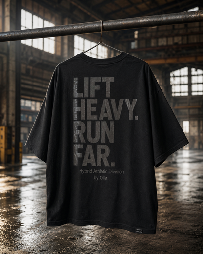 T-shirt Oversize Lift Heavy Run Far – Coton 160g Noir sur Noir, CrossFit & Hyrox Ollo sport