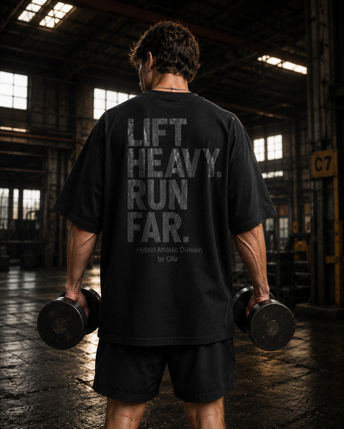 T-shirt Oversize Lift Heavy Run Far – Coton 160g Noir sur Noir, CrossFit & Hyrox Ollo sport