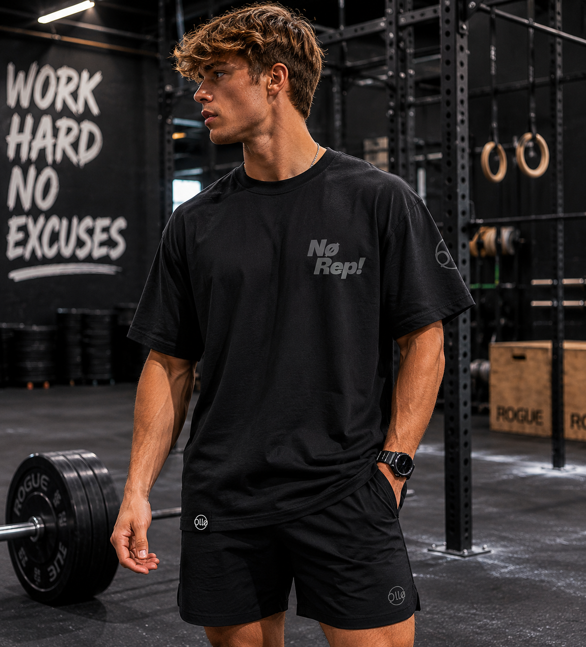 T-shirt CrossFit No Rep – Coton 160g Noir sur Noir, Hyrox & Athlète Ollo sport
