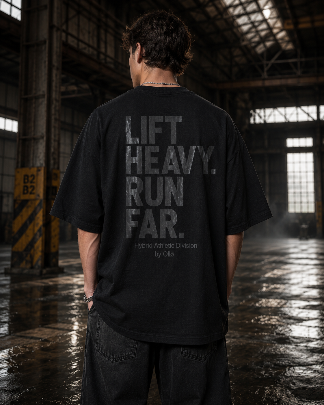 T-shirt Oversize Lift Heavy Run Far – Coton 160g Noir sur Noir, CrossFit & Hyrox Ollo sport